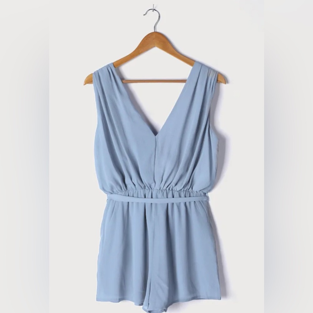 NEW Lulus Dusty Blue Gray Chiffon Romper - Picture 3 of 7